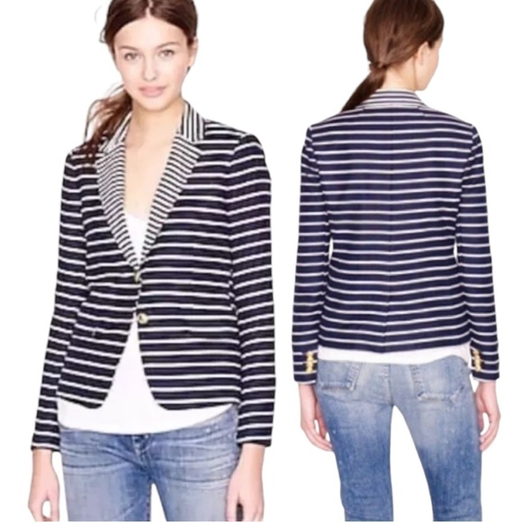J.Crew Schoolboy Blazer in Navy Mixed Stripe Size 8 Preppy Classic Nautical - Picture 1 of 12